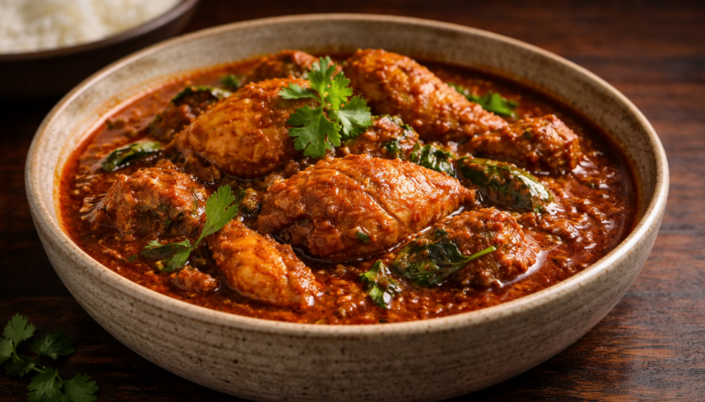 Juicy chicken slow-cooked in a vibrant, deep red gravy made with caramelized onions, tomatoes, Kashmiri chili, and freshly ground wedding-style spices. Bold, aromatic, and full of celebratory heat.