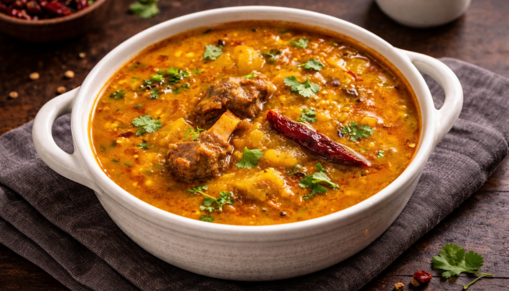 Hearty and rich, this traditional mutton curry is simmered in a spicy, slow-cooked gravy for deep, developed flavor.