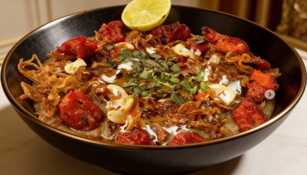 Slow-cooked, creamy haleem topped with crispy Chicken 65, finished with aromatic spices for a perfect balance of richness and crunch.