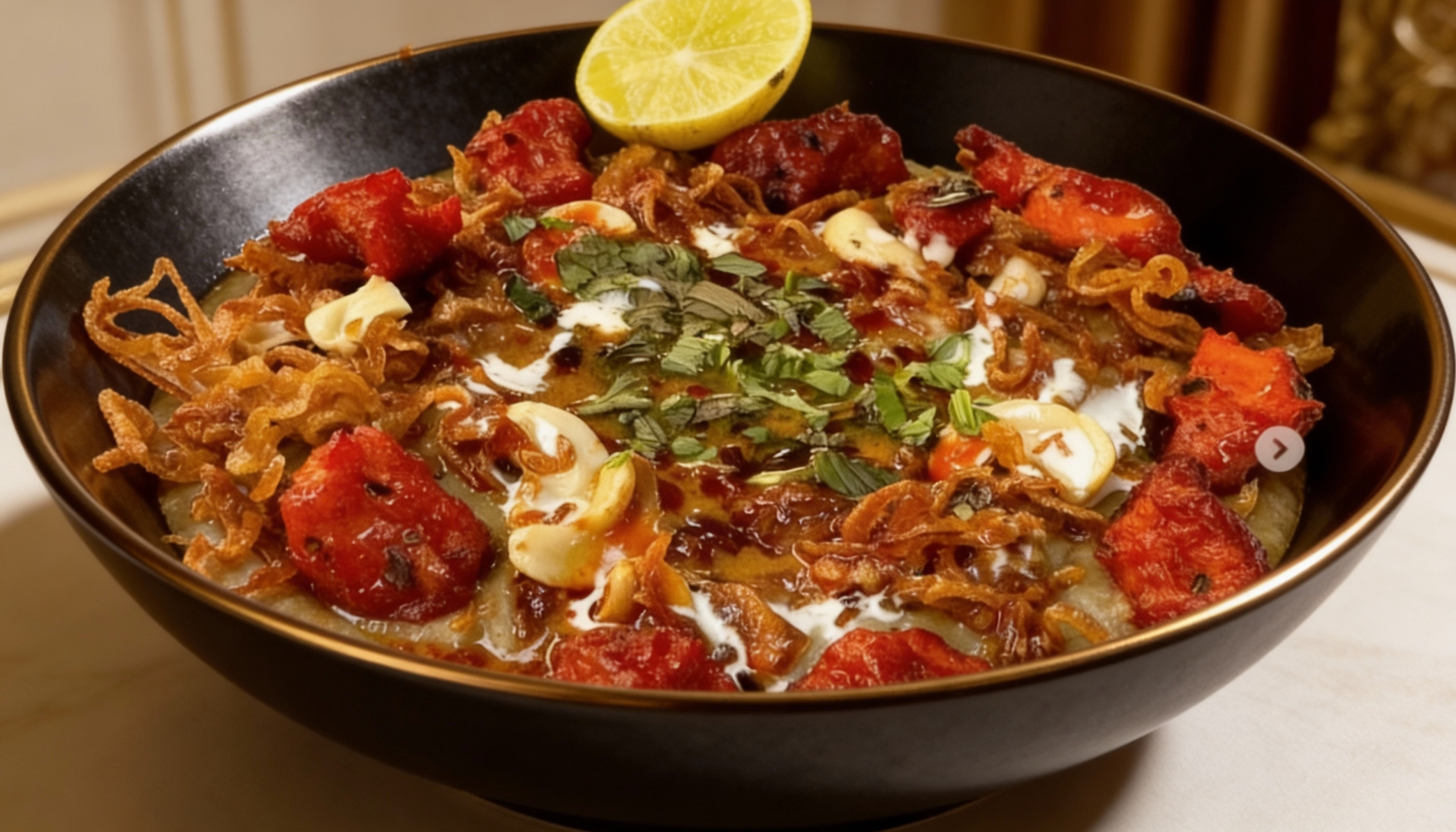 Slow-cooked, creamy haleem topped with crispy Chicken 65, finished with aromatic spices for a perfect balance of richness and crunch.