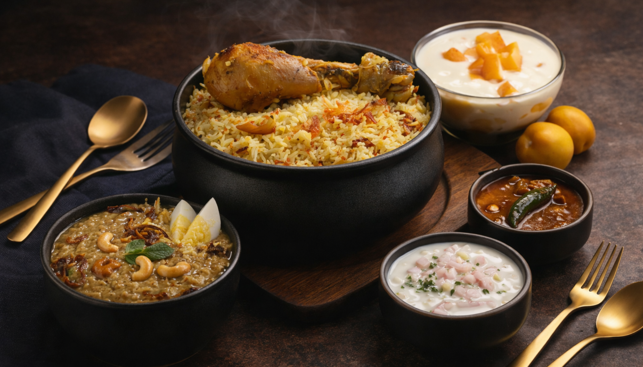 A complete feast for the family! Enjoy our aromatic Hyderabadi Chicken Dum biryani, paired with a rich, slow-cooked haleem (8oz) and a delightful dessert.