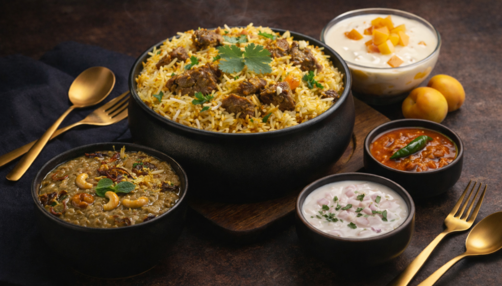 Enjoy our aromatic single box Hyderabadi Mutton Dum Biryani, paired with a rich, slow-cooked haleem (8oz) and a delightful dessert.