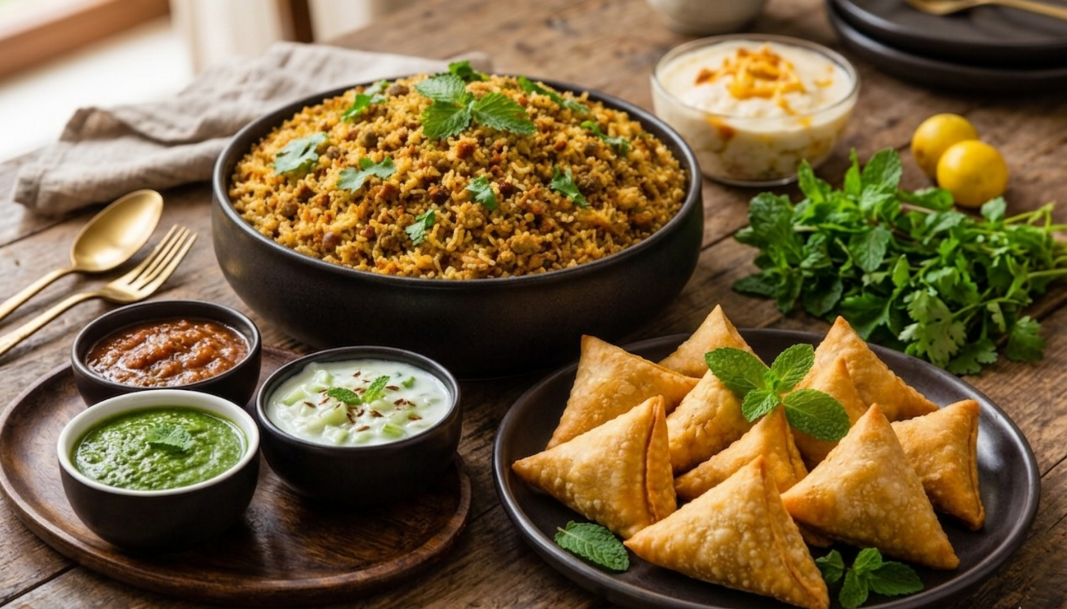 A complete feast for the family! Enjoy our aromatic Hyderabadi Veg Kheema dum biryani, paired with a rich, Veg Manchurian/Onion Samosa and a delightful dessert.
