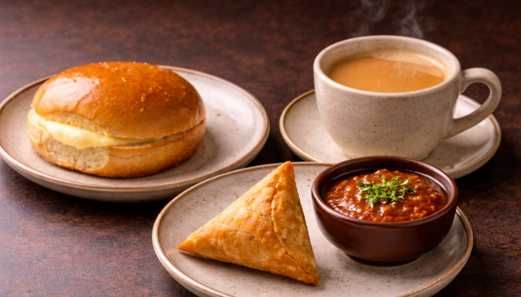 Steaming chai with a crispy samosa and your choice of buttery Bun Maska or soft Malai Bun—a perfect snack or start to the day.