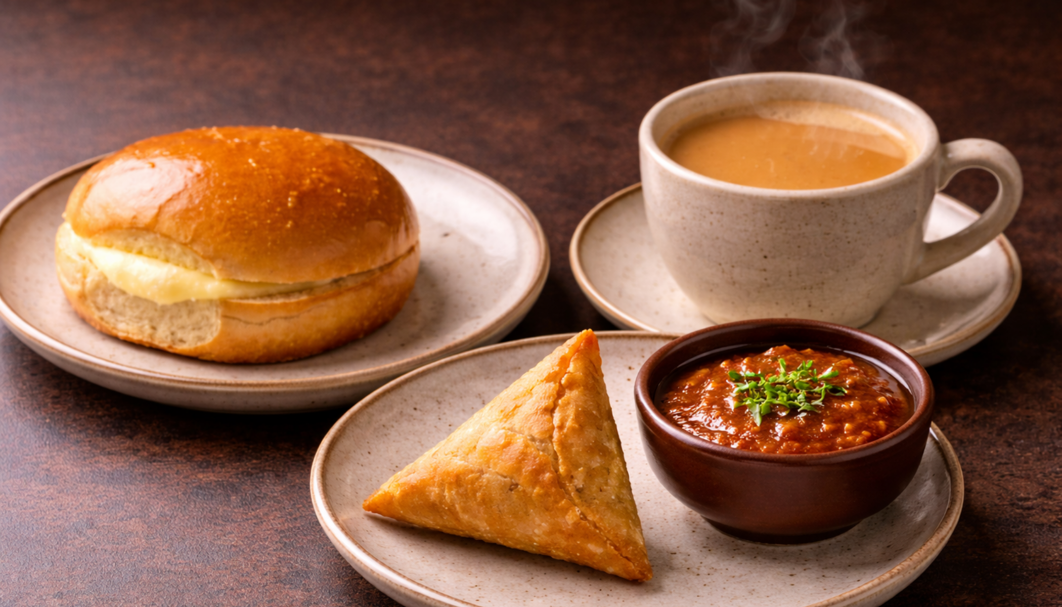 Steaming chai with a crispy samosa and your choice of buttery Bun Maska or soft Malai Bun—a perfect snack or start to the day.