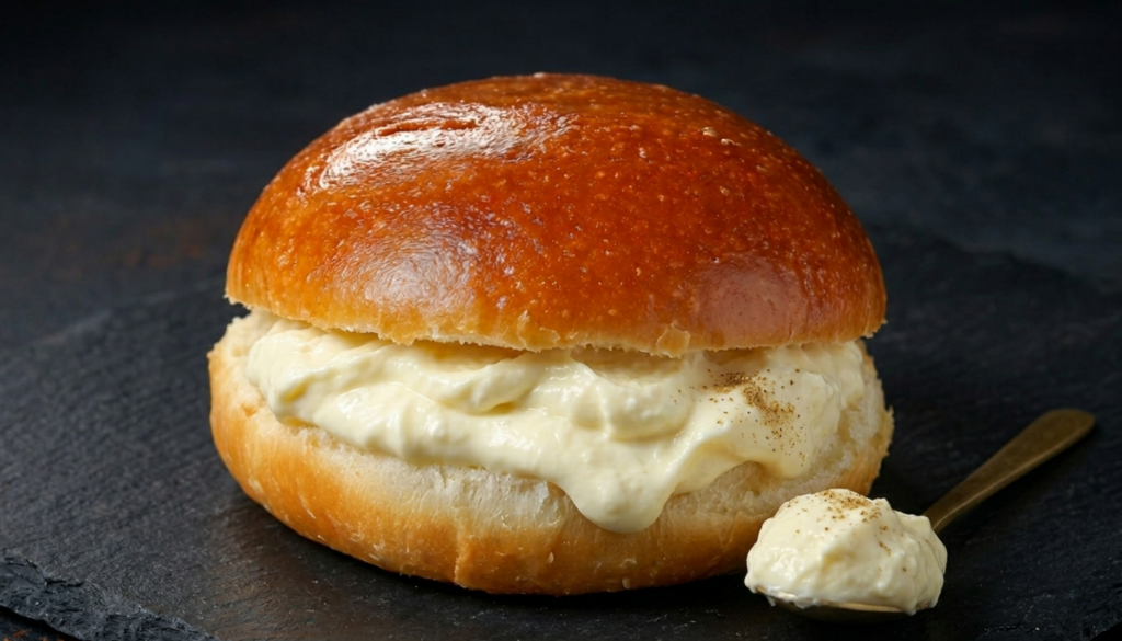 Soft, fluffy bun served warm with fresh, lightly sweetened malai on the side.