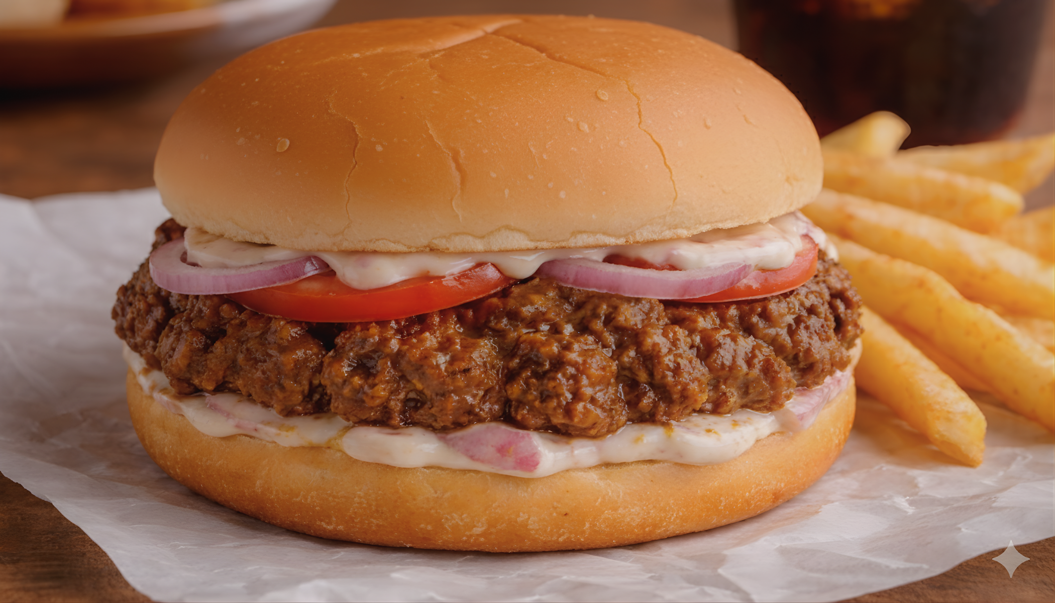 Juicy minced mutton infused with aromatic Indian spices, served on a soft bun with onions, tomato, and our signature sauce. Served with Chips and soda.