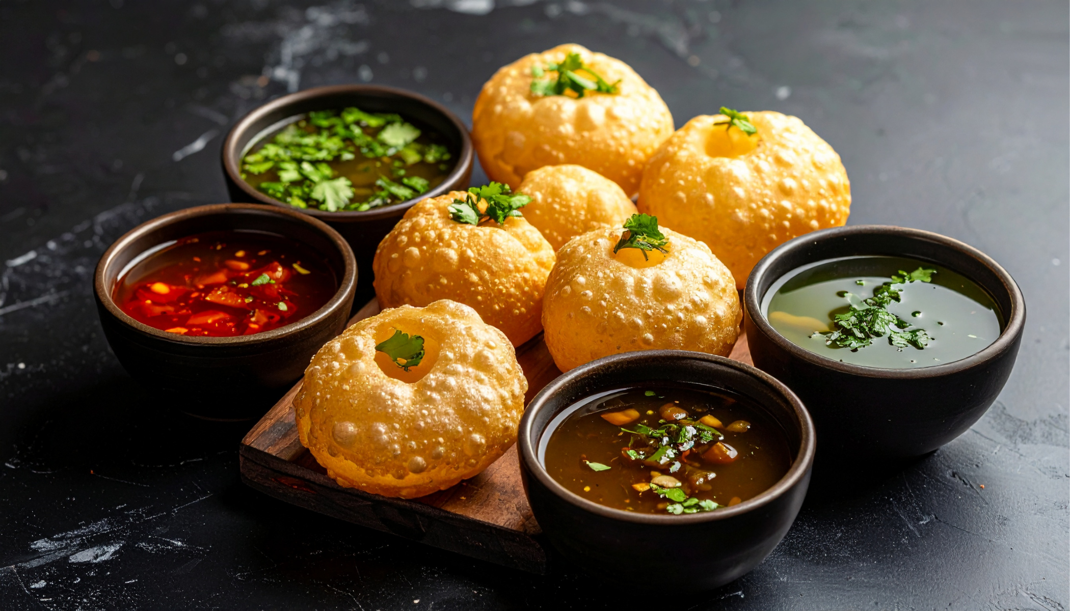 Crisp hollow puris filled with seasoned chickpeas, served with tangy tamarind water and refreshing mint-flavored pani.