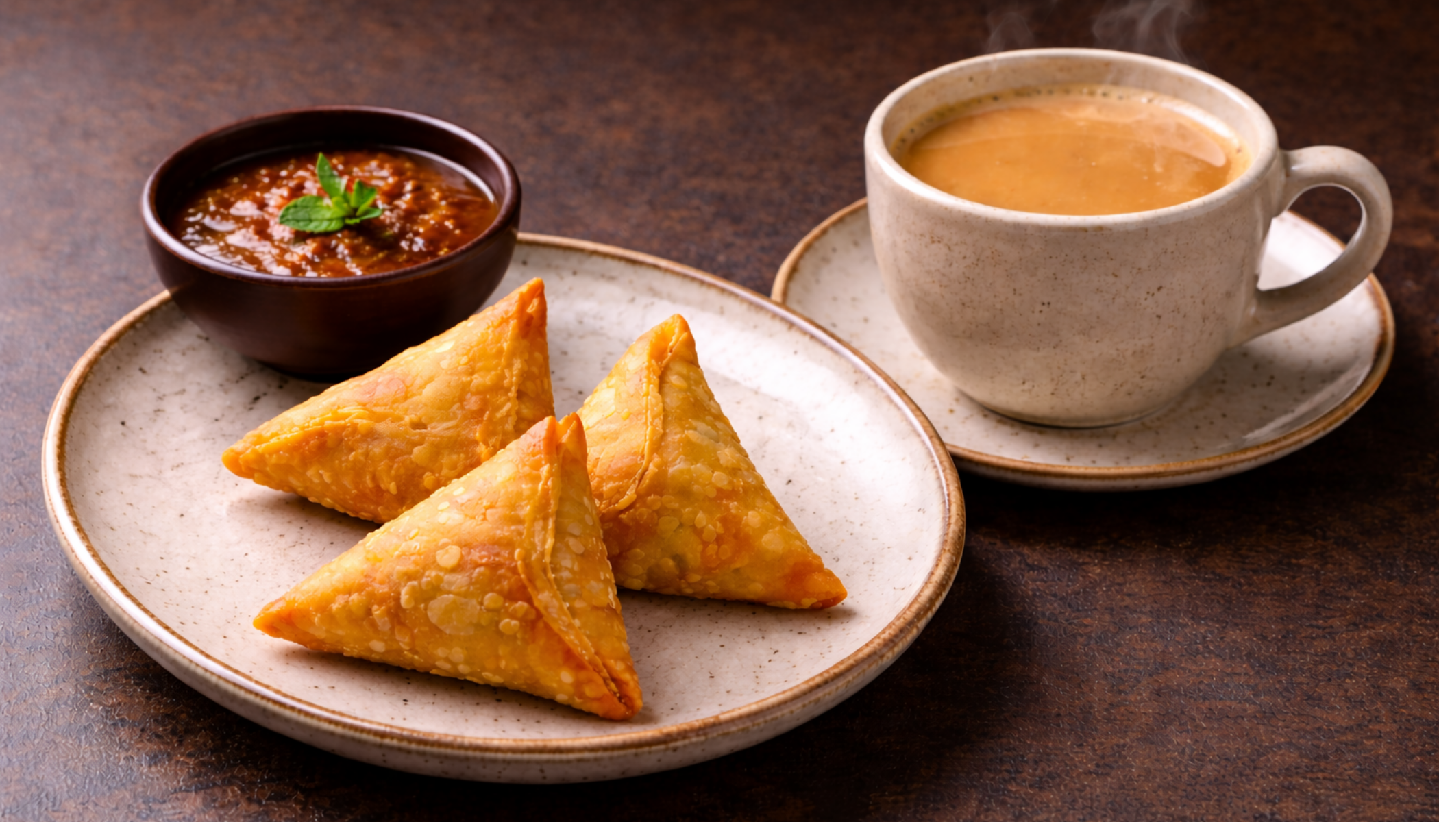 A serving of three crispy Irani onion samosas paired with a hot cup of authentic Irani chai.
